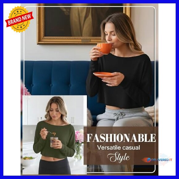 3 Pack Women's Cropped Long Sleeve Tops Boat Neck Loose Fit Tees - Picture 6 of 7